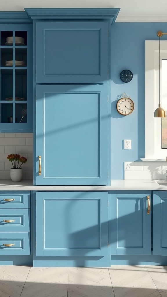 A modern kitchen featuring blue cabinets, white countertops, and gold handles.