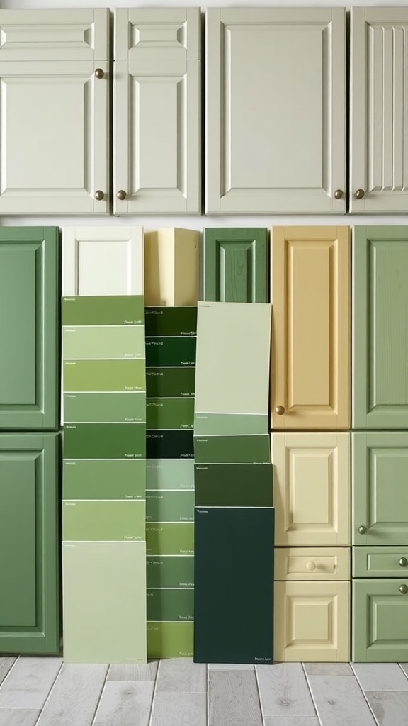 A collection of various green cabinet samples displayed with a light-colored floor and cabinetry.
