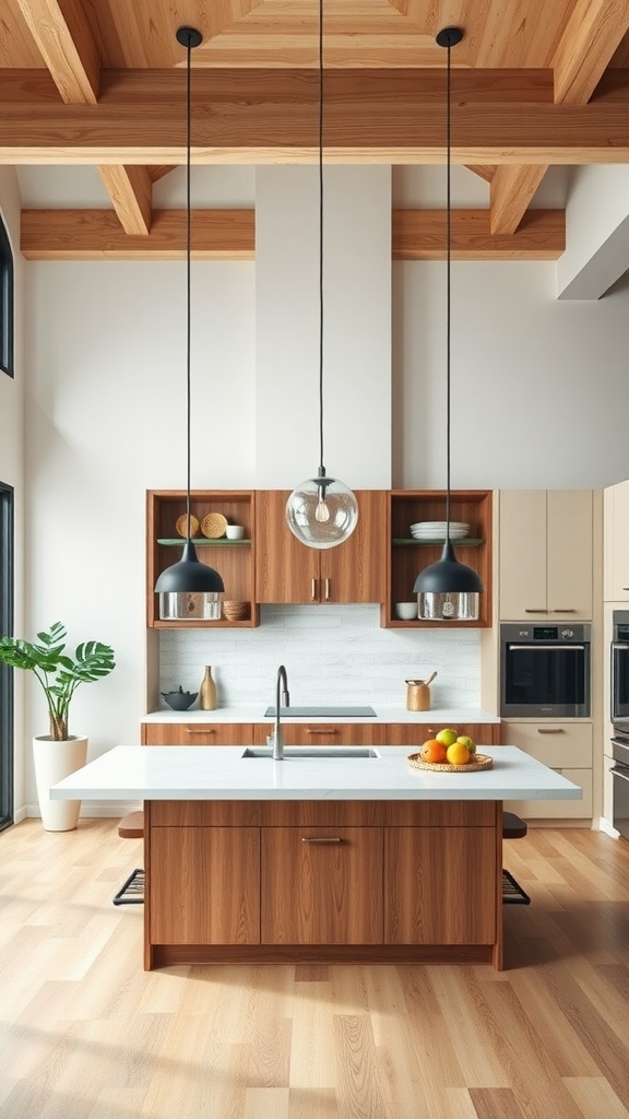 Modern kitchen with wooden cabinets and pendant lighting above the island.
