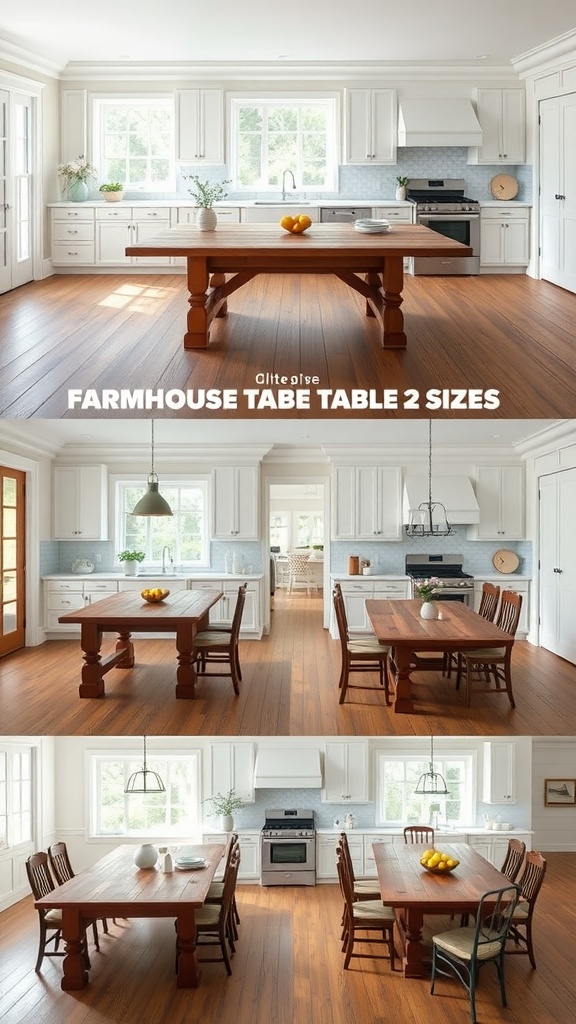 Two sizes of farmhouse kitchen tables displayed in a kitchen setting, showcasing their different dimensions.