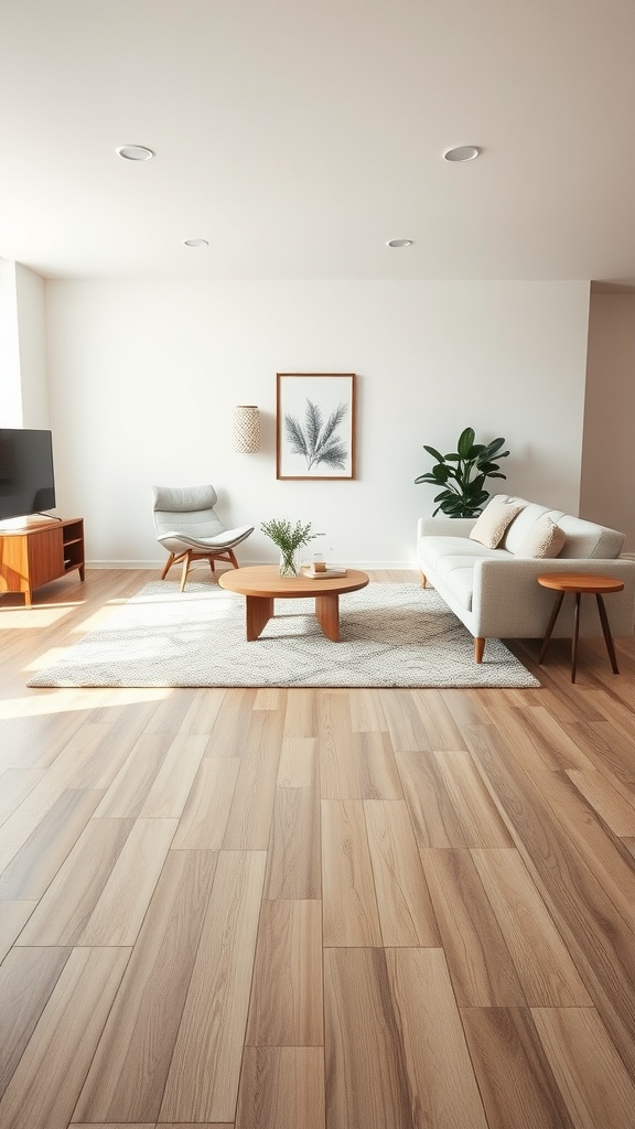 A cozy living room featuring a light rug under a coffee table, surrounded by a sofa and a chair.
