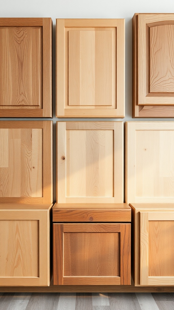 A display of different wood finishes for farmhouse kitchen cabinets