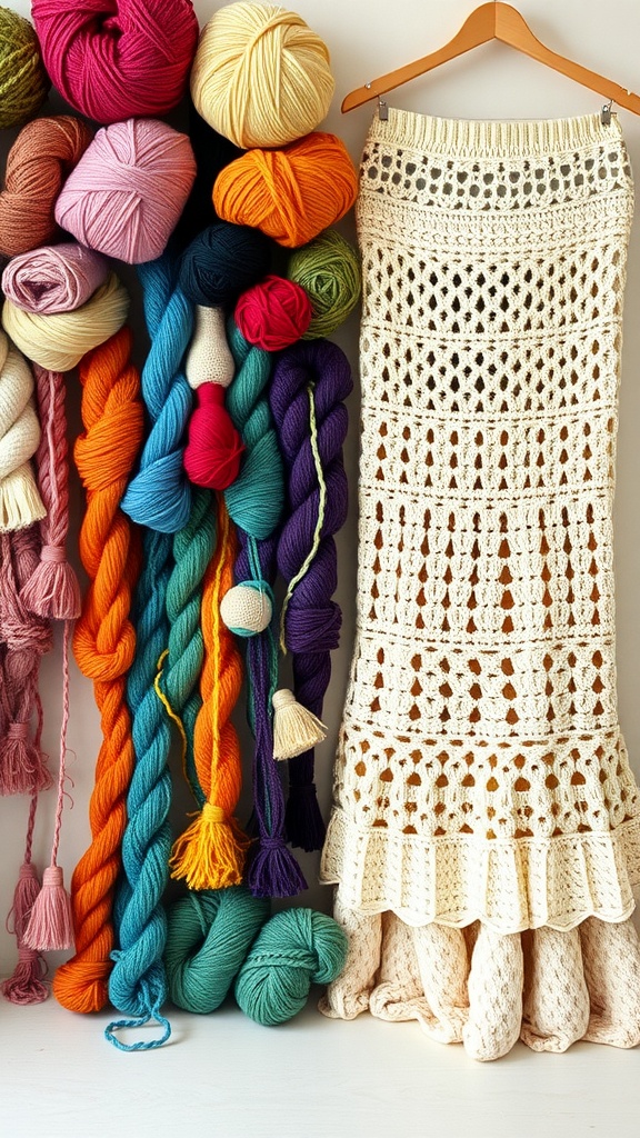 Colorful yarns displayed next to a crocheted maxi skirt on a hanger.