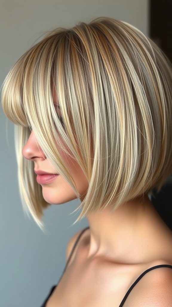 A stylish choppy bob haircut with bangs, showcasing layers and texture.