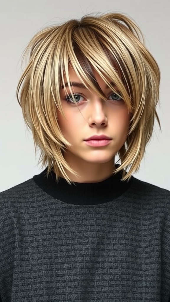 A model with a choppy layered bob hairstyle featuring blonde highlights and sharp layers.