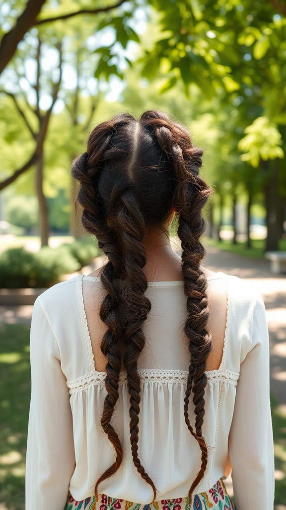 A person with two chunky braids in a park setting, showcasing a stylish hairstyle.