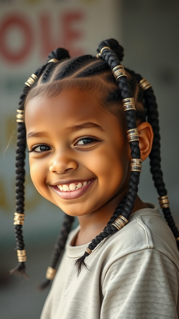 A young girl with chunky braids adorned with hair cuffs, smiling brightly.