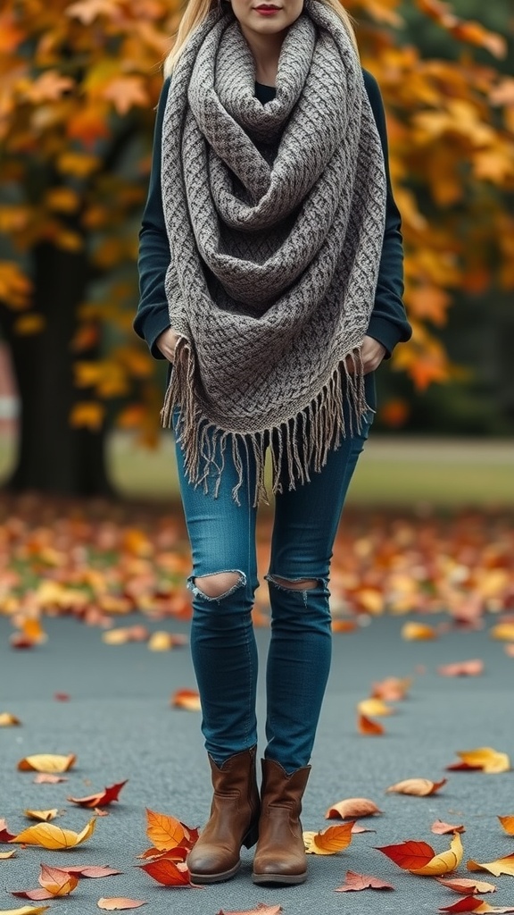 A person wearing a chunky knit scarf, ripped jeans, and ankle boots, standing on a path covered with autumn leaves.