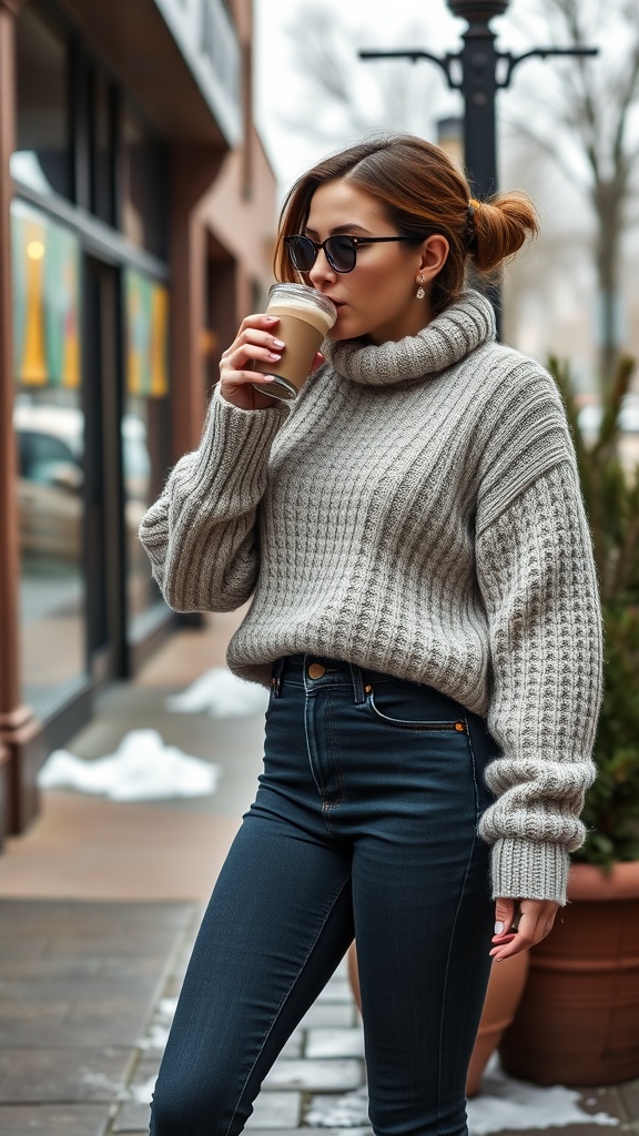 Woman wearing a chunky knit sweater and high-waisted jeans, holding a drink outside a cafe.