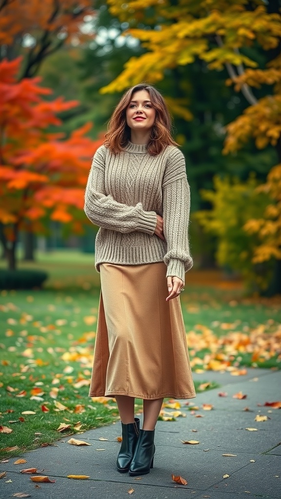 A woman wearing a chunky knit sweater and an A-line skirt, standing in a park with colorful autumn leaves.