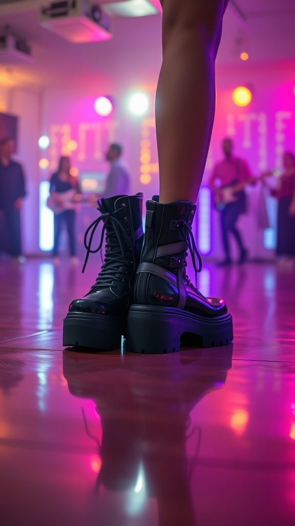 Close-up of black chunky platform boots in a vibrant rave setting