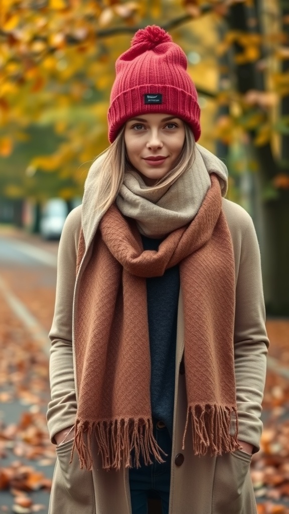A woman wearing a red beanie and a chunky scarf, standing in an autumn setting with fallen leaves.