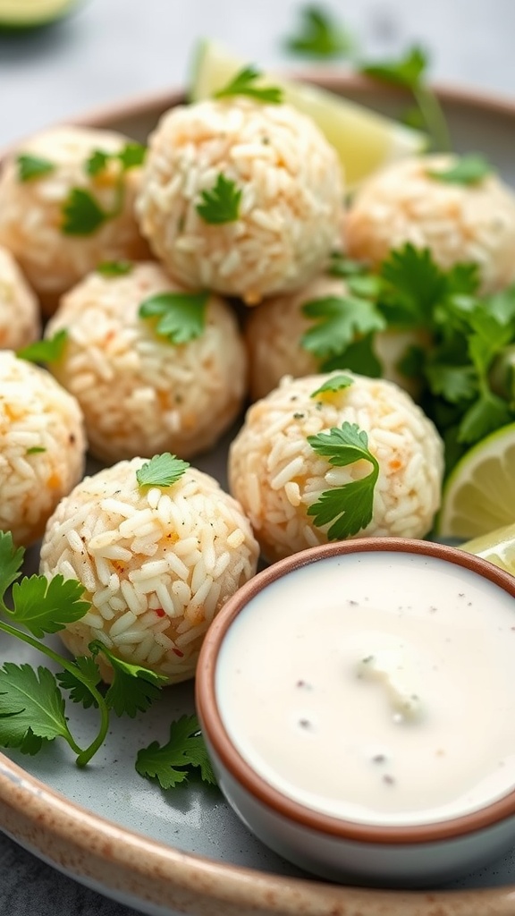 Plate of cilantro-infused rice balls with a creamy dipping sauce and lime wedges