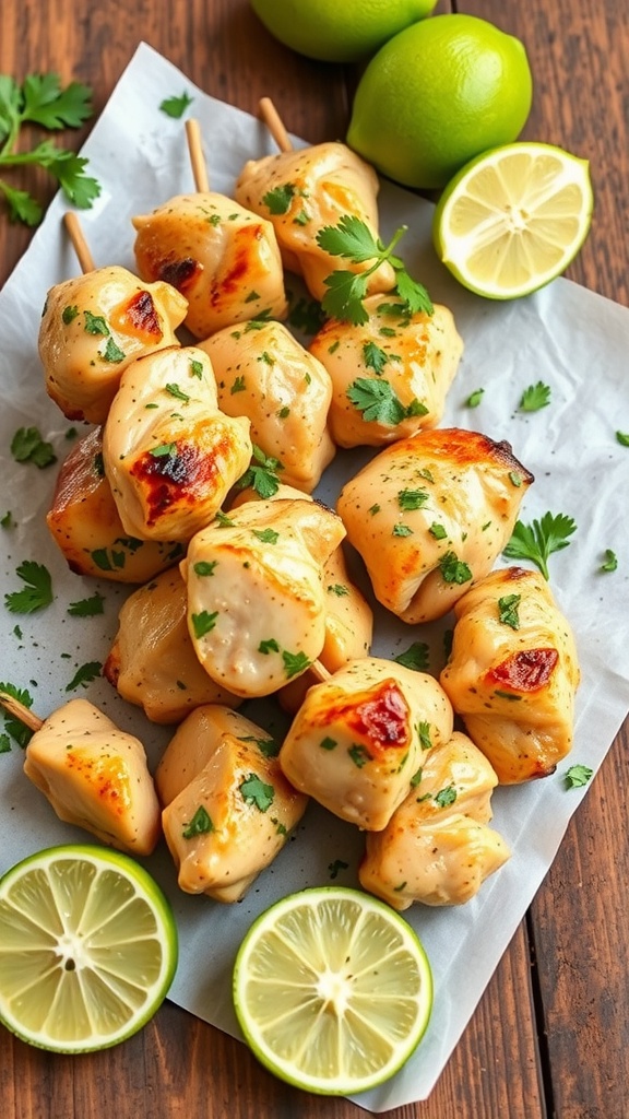 Tender grilled chicken kabobs marinated in cilantro lime marinade, garnished with fresh cilantro and lime wedges.