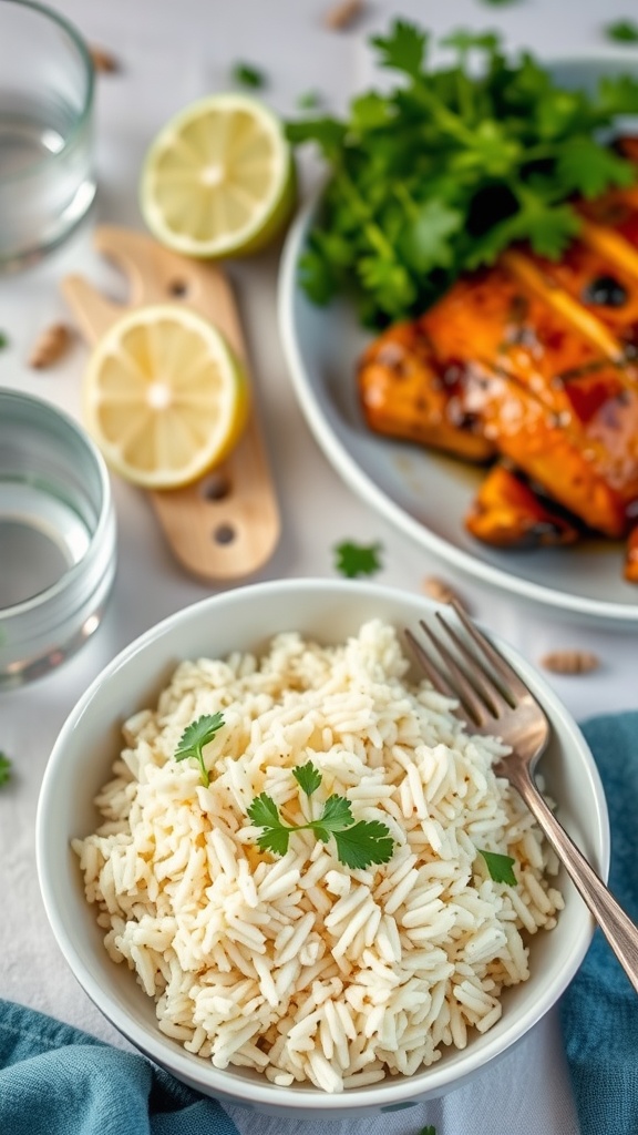 A bowl of fluffy cilantro lime rice garnished with cilantro, served with grilled chicken, lime halves, and glasses of water.