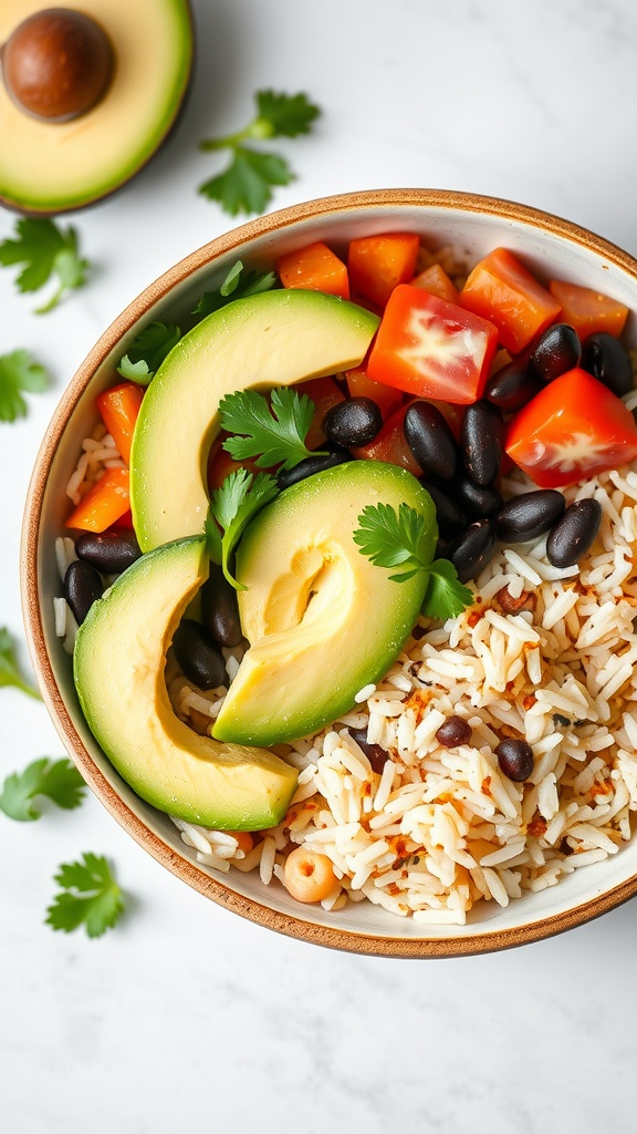 A delicious cilantro lime rice bowl topped with avocado, tomatoes, and black beans.