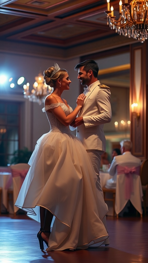 A couple dressed as Cinderella and Prince Charming dancing at a formal event.