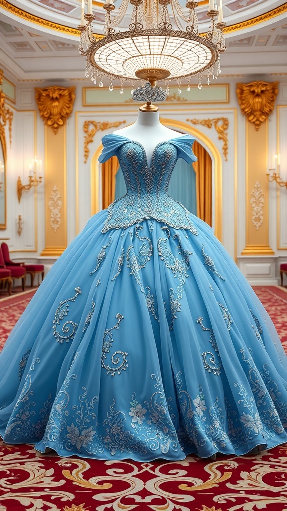 Cinderella's beautiful enchanted ball gown displayed in an elegant setting