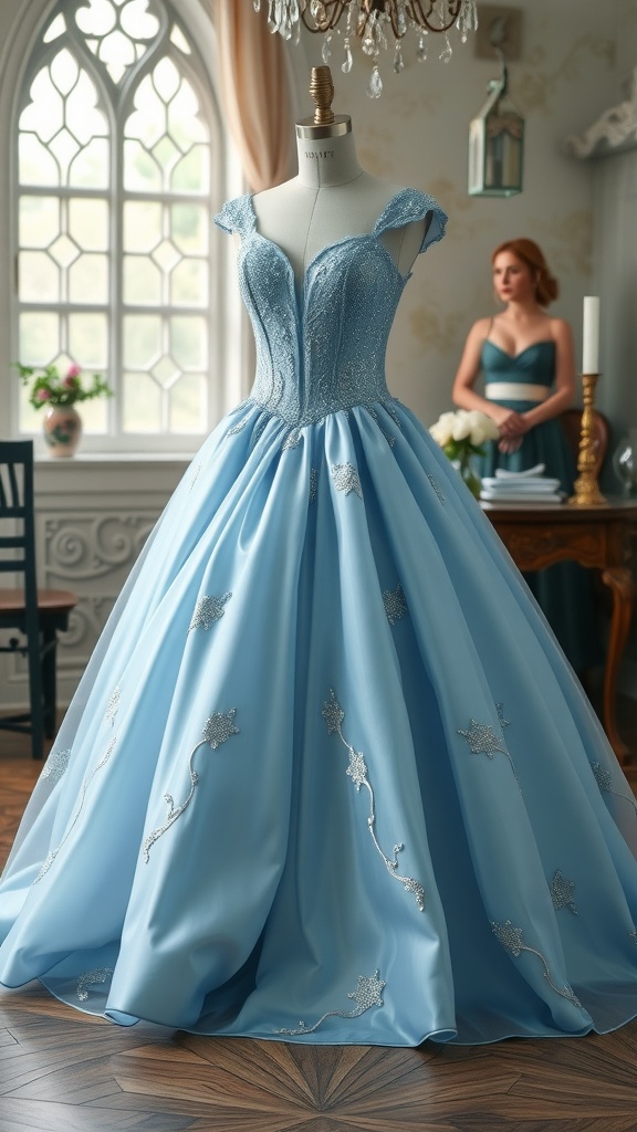A beautiful light blue ball gown on a mannequin, featuring a fitted bodice and a flowing skirt, with sparkling embellishments and a soft, elegant design.