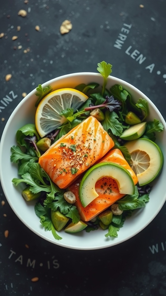 A fresh salmon salad with mixed greens, avocado, and citrus slices.