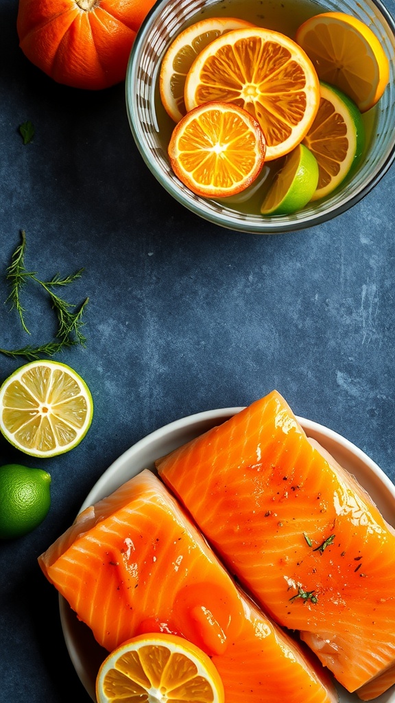 A vibrant citrus marinade surrounds fresh salmon fillets with slices of lemons, limes, and oranges.