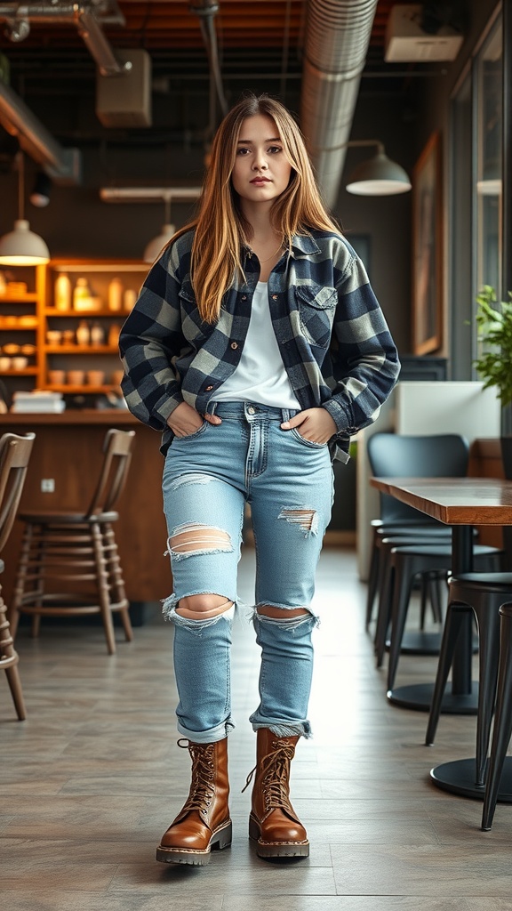 A young woman wearing a flannel shirt, ripped jeans, and brown boots, standing in a cafe.