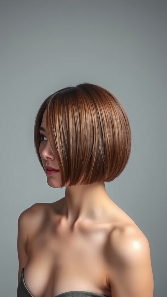 A woman with a classic A-line bob hairstyle, showcasing smooth, shiny hair with longer front strands and shorter back.