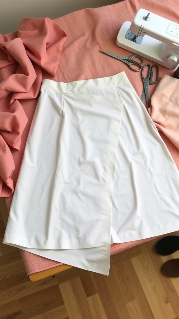 A white A-line wrap skirt on a table with sewing supplies.