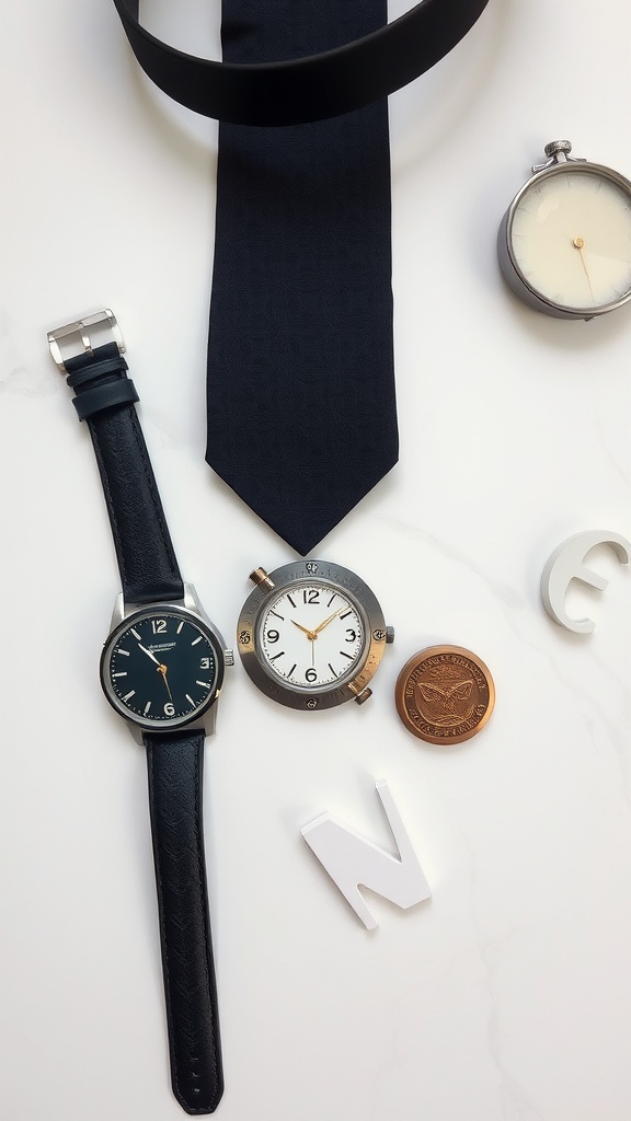 Classic accessories for men including watches, a tie, a belt, and a coin.