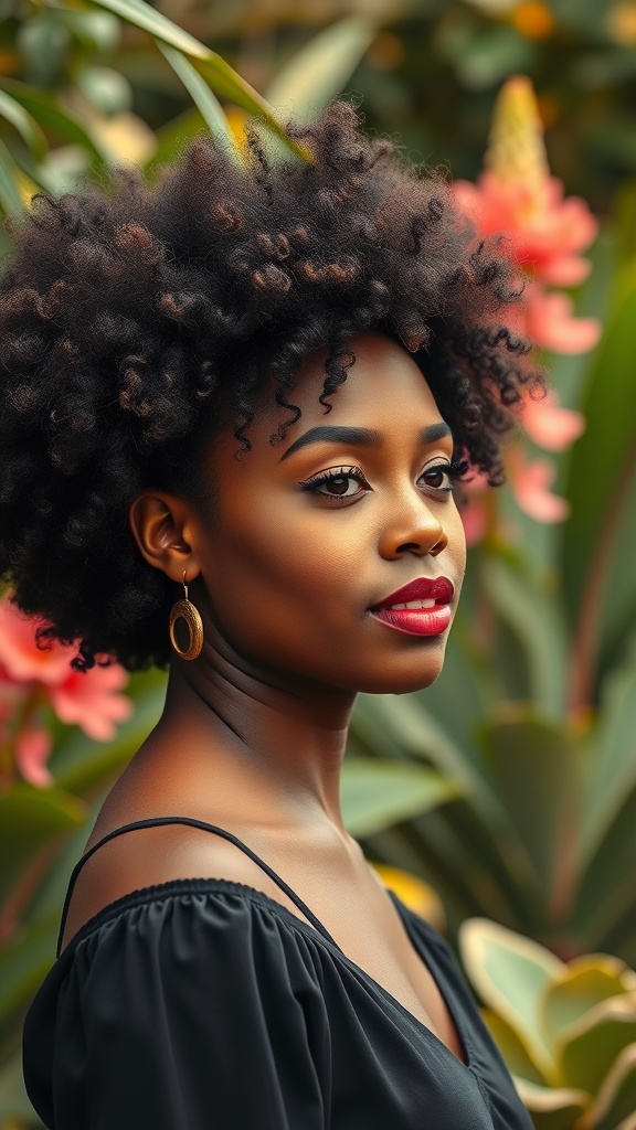 A woman with a classic afro hairstyle, wearing a black top and gold earrings, standing in front of colorful flowers.