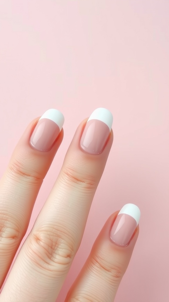 Classic almond French tip nails with a soft pink base and white tips