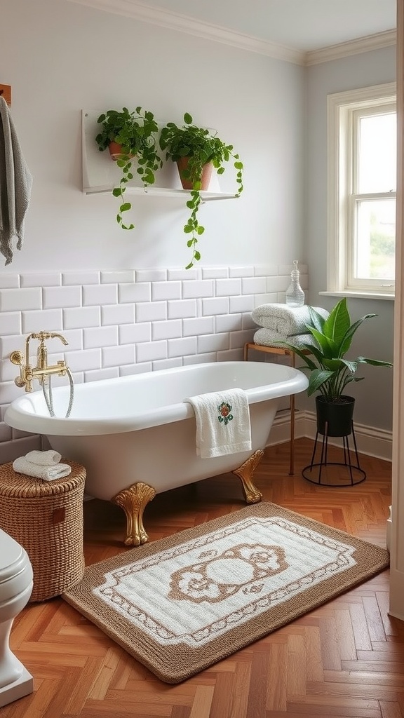A vintage bathroom featuring a clawfoot tub, a decorative bath mat, and plants on a shelf.