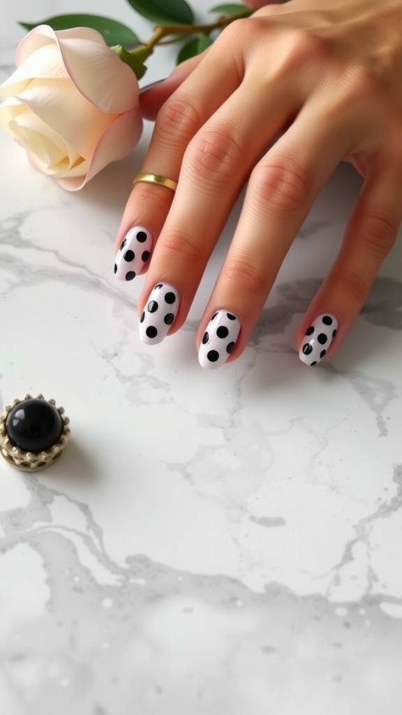 A hand with black and white polka dot nails holding a rose with a black ring and a decorative black stone nearby.