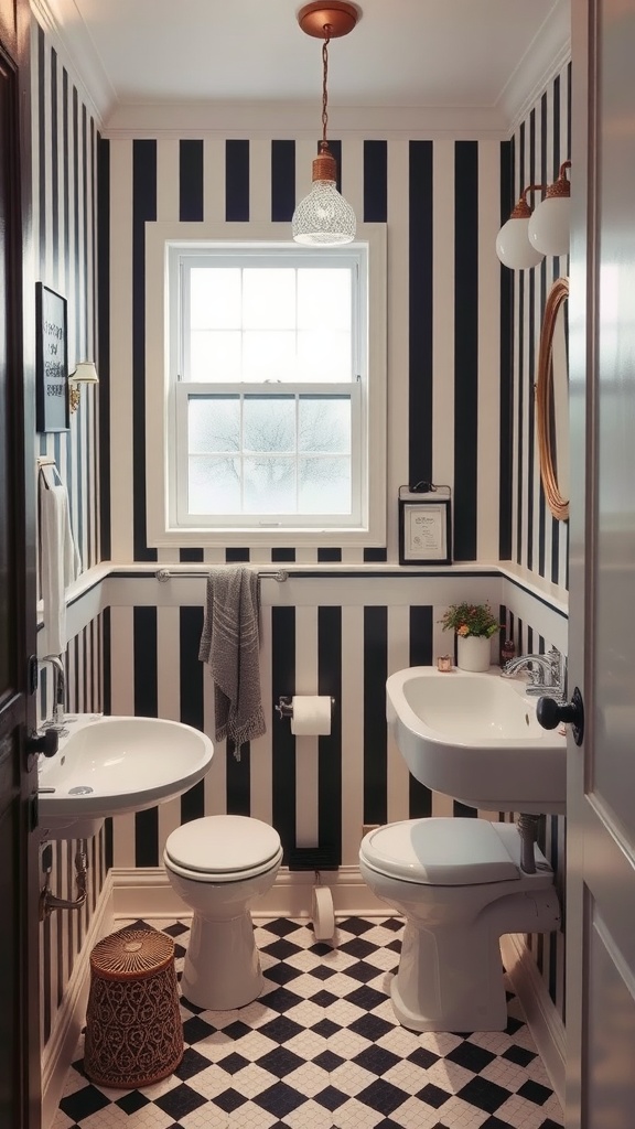 A small bathroom featuring classic black and white stripes on the walls and a checkered floor.