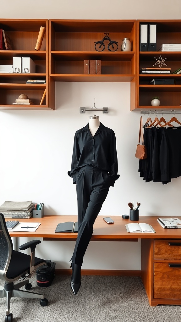Classic black blouse and trousers displayed on a mannequin in a modern office setting.