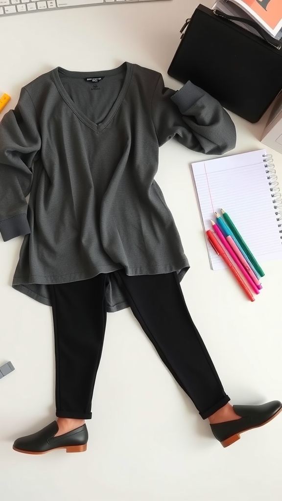An outfit featuring classic black leggings and a grey tunic laid out on a desk with school supplies.
