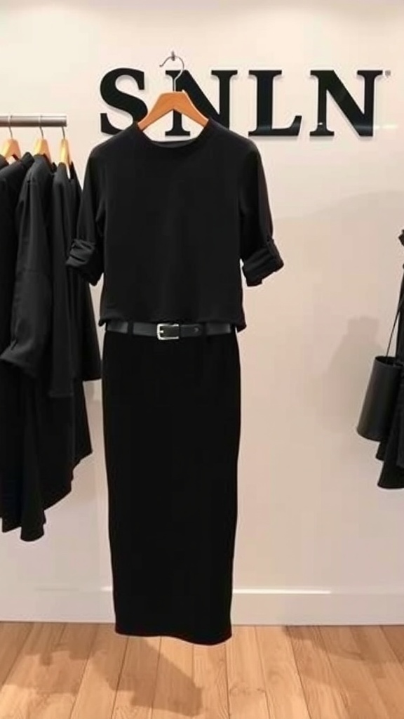 A classic black pencil skirt with a tailored black top, displayed on a hanger.
