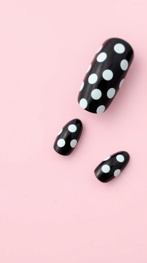 Classic black polka dot nails with white dots on a pink background