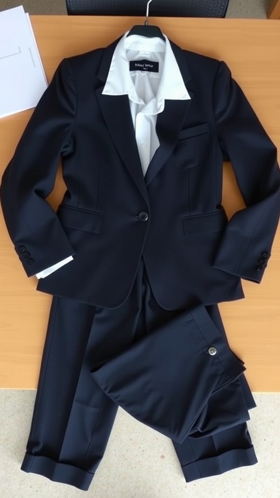 A classic blazer ensemble consisting of a navy blazer, white shirt, and matching trousers laid out on a table.