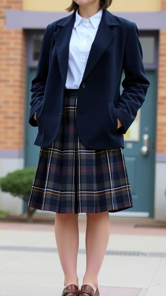 A student wearing a navy blazer, white shirt, and plaid skirt, standing in front of a school building.