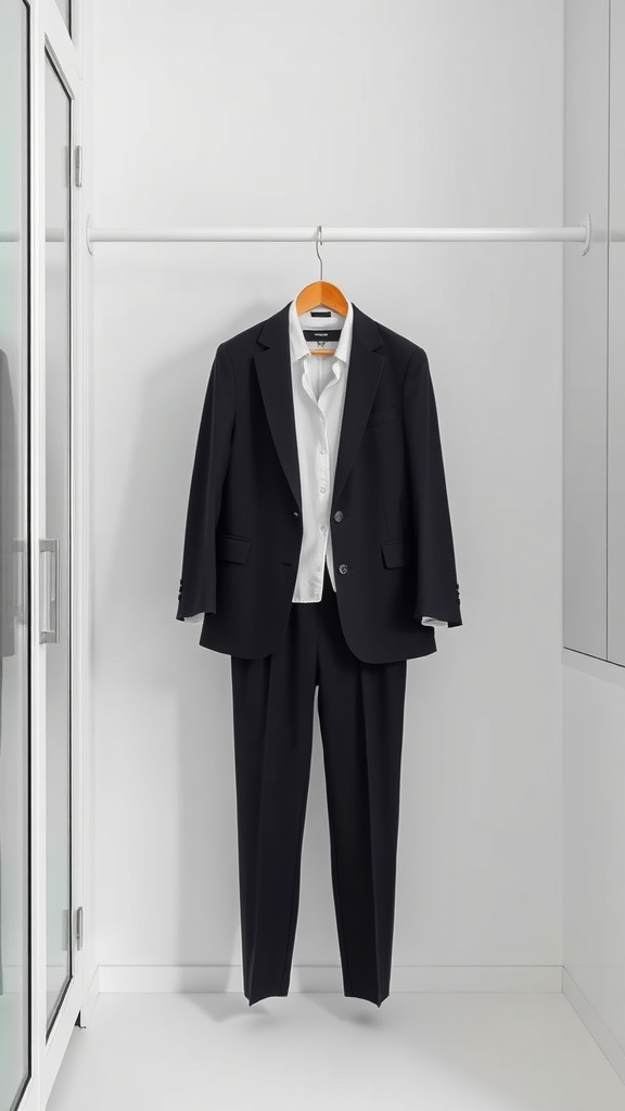 A classic black blazer hanging on a rack with matching pants and a white shirt.
