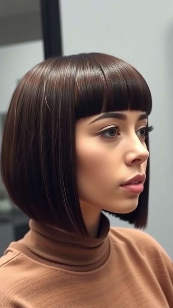 A woman with a classic blunt cut hairstyle featuring straight bangs and a sleek finish.