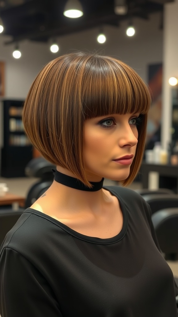 A model with a classic blunt cut hairstyle, showcasing a sleek and polished look.