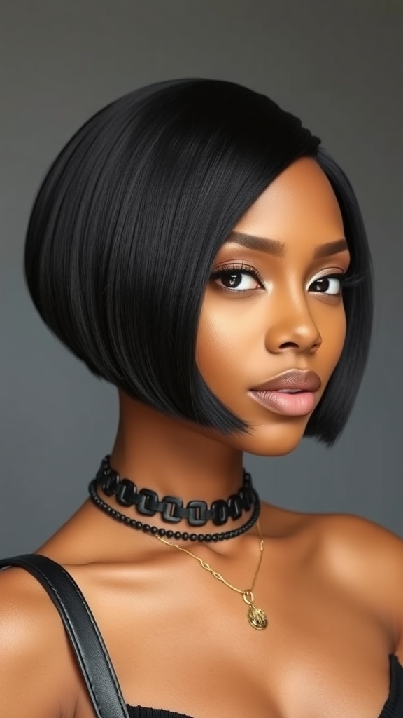 A sleek bob quick weave hairstyle on a model with a layered choker and necklace.