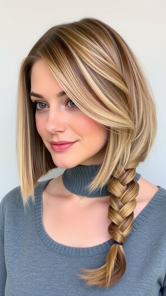 A woman with a classic bob hairstyle featuring a side braid, wearing a gray sweater.