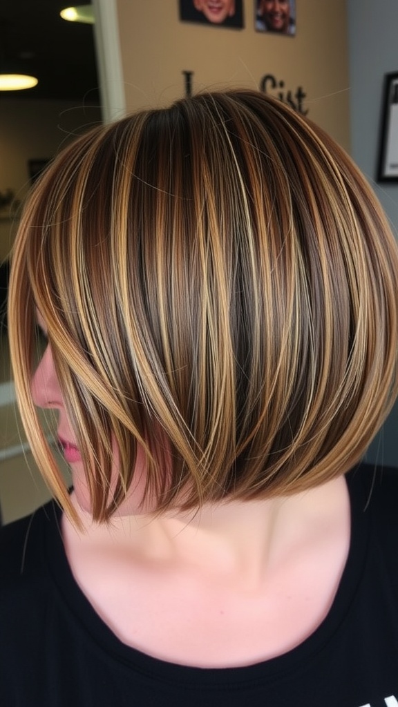 A close-up view of a classic bob hairstyle with subtle layers and warm highlights.