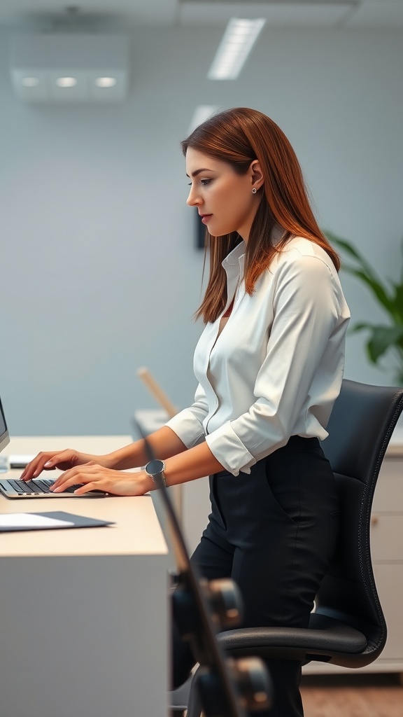 A woman in a classic button-down shirt and tailored trousers working at a desk.