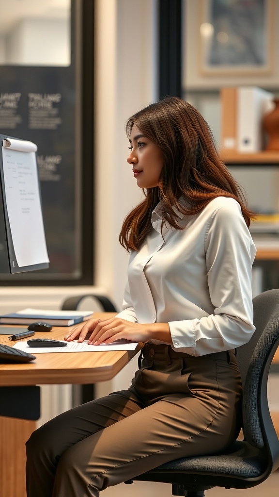 A woman in a light-colored button-up shirt seated at a desk in a professional setting.