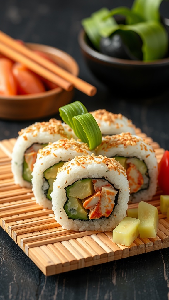 A classic California roll sushi, featuring avocado, crab, and cucumber, garnished with sesame seeds and served on a bamboo mat.