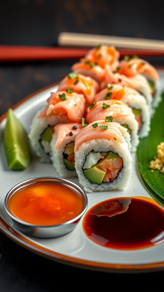 Classic California Roll with imitation crab, avocado, and cucumber on a plate with sauces